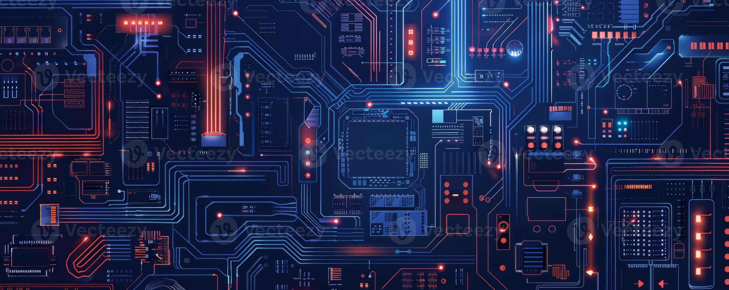Top view of inner system of highly powerful technology with microchips photo