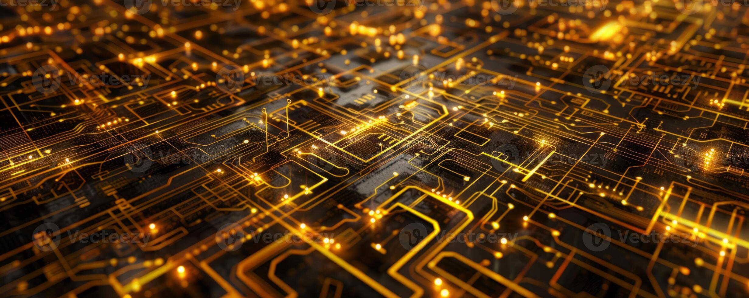 Close up of golden microchips representing futuristic technology. Information technology concept photo
