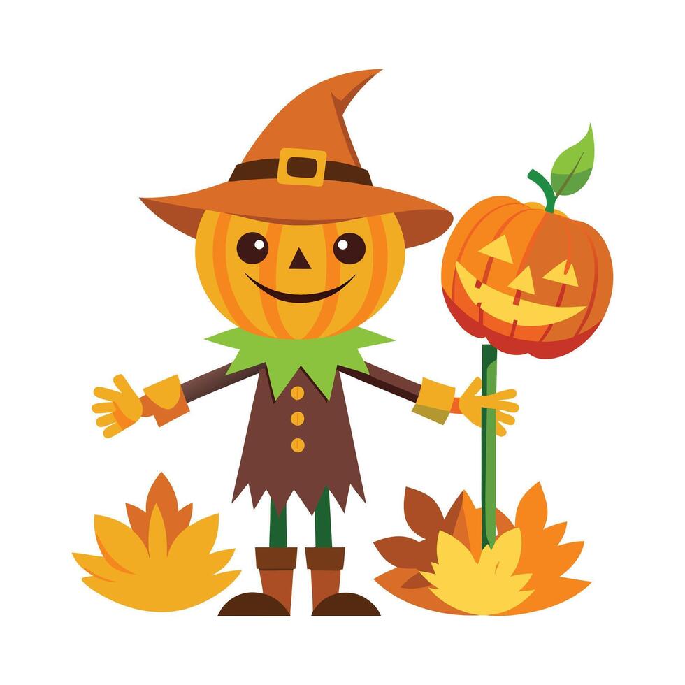 Cartoon scary halloween pumpkin scarecrow art vector