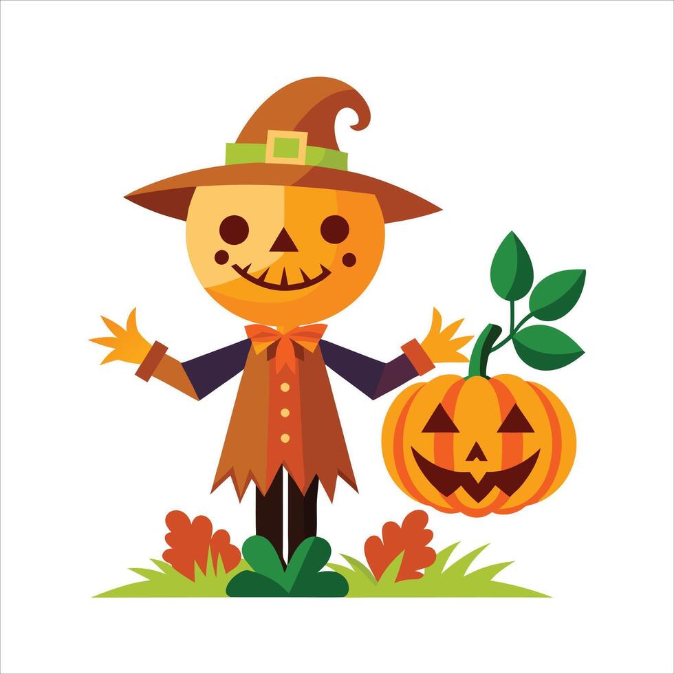 Cartoon scary halloween pumpkin scarecrow art vector