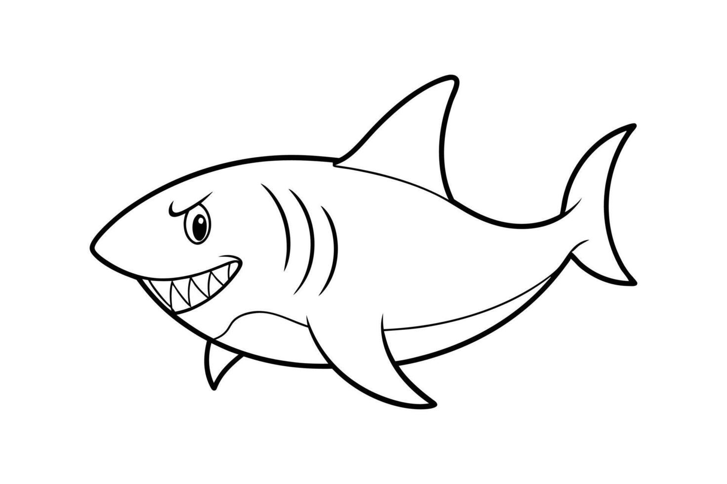 Cartoon angry shark isolated on line art vector