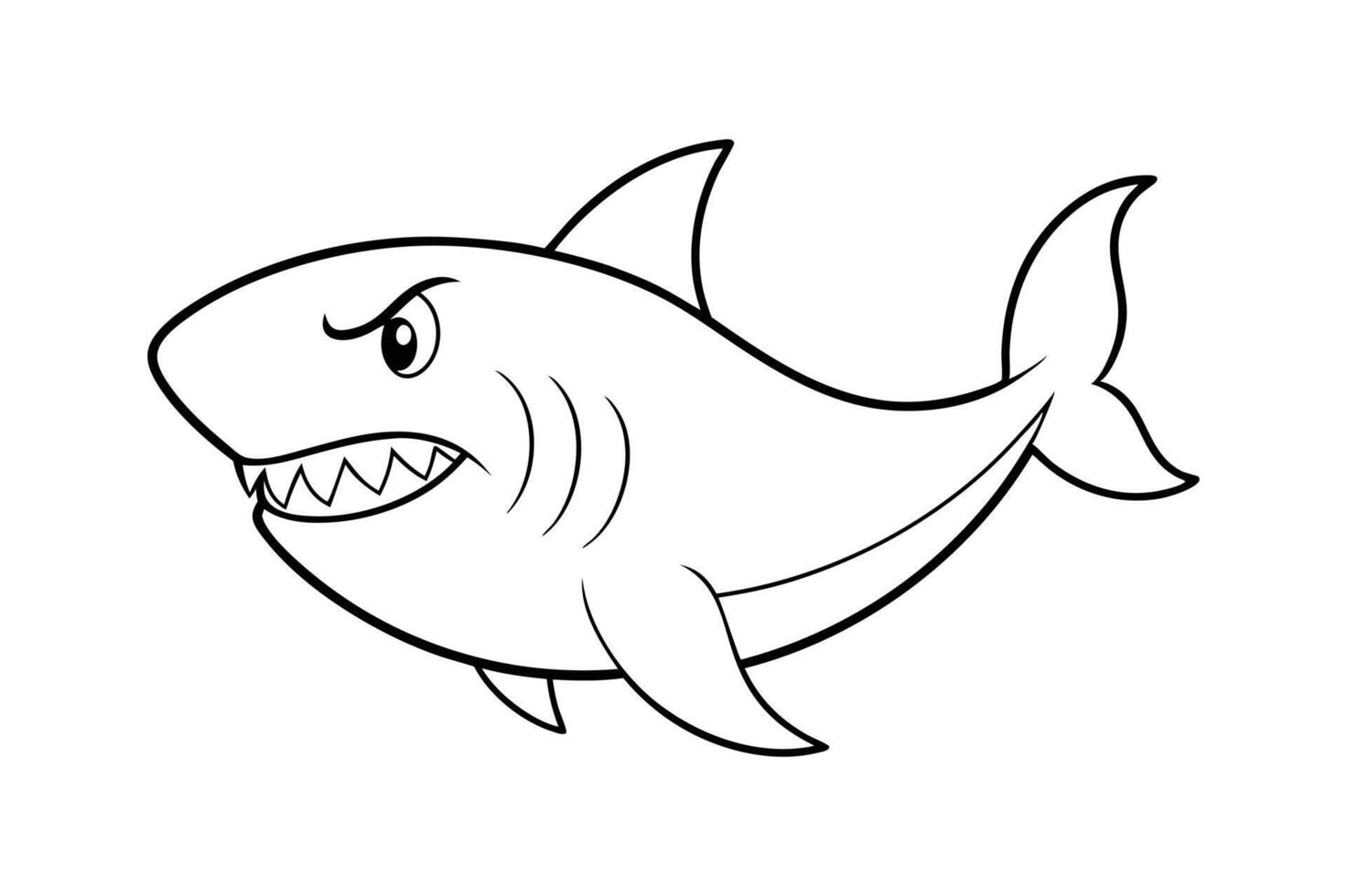 Cartoon angry shark isolated on line art vector