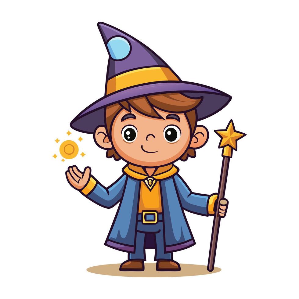Cartoon wizard boy with a magic wand art vector