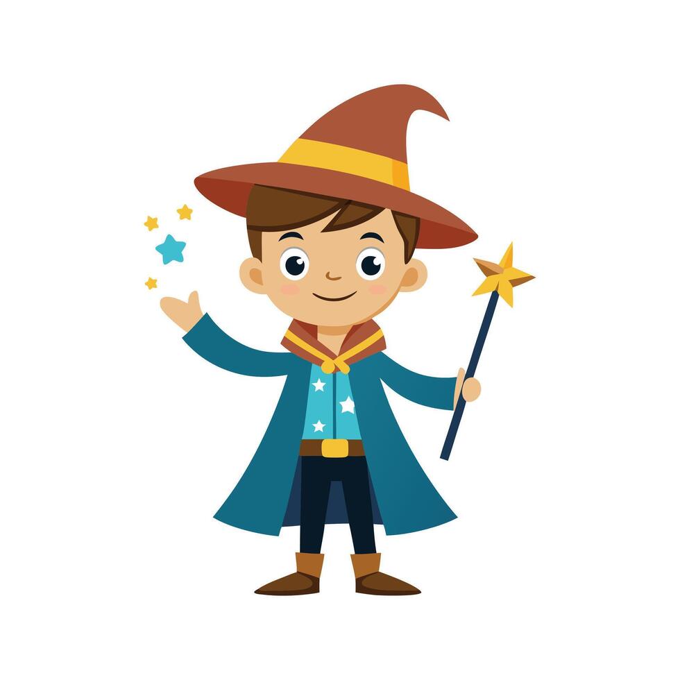 Cartoon wizard boy with a magic wand art vector