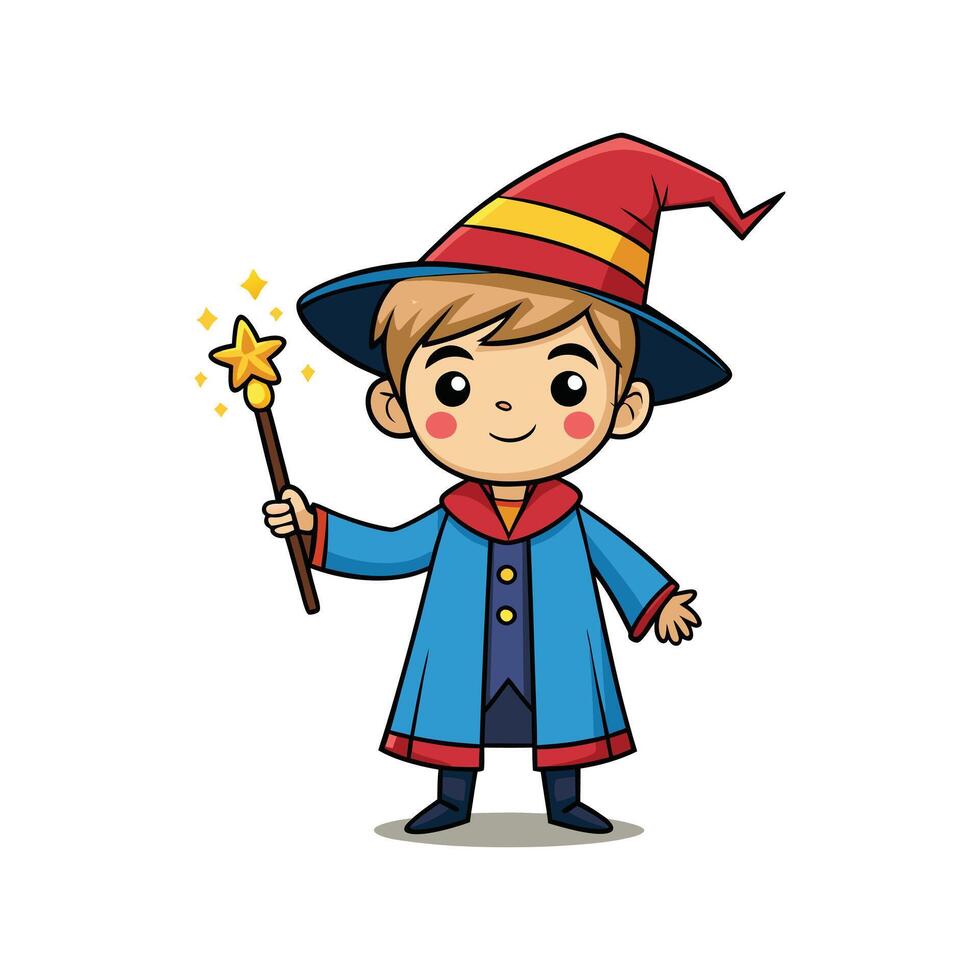 Cartoon wizard boy with a magic wand art vector