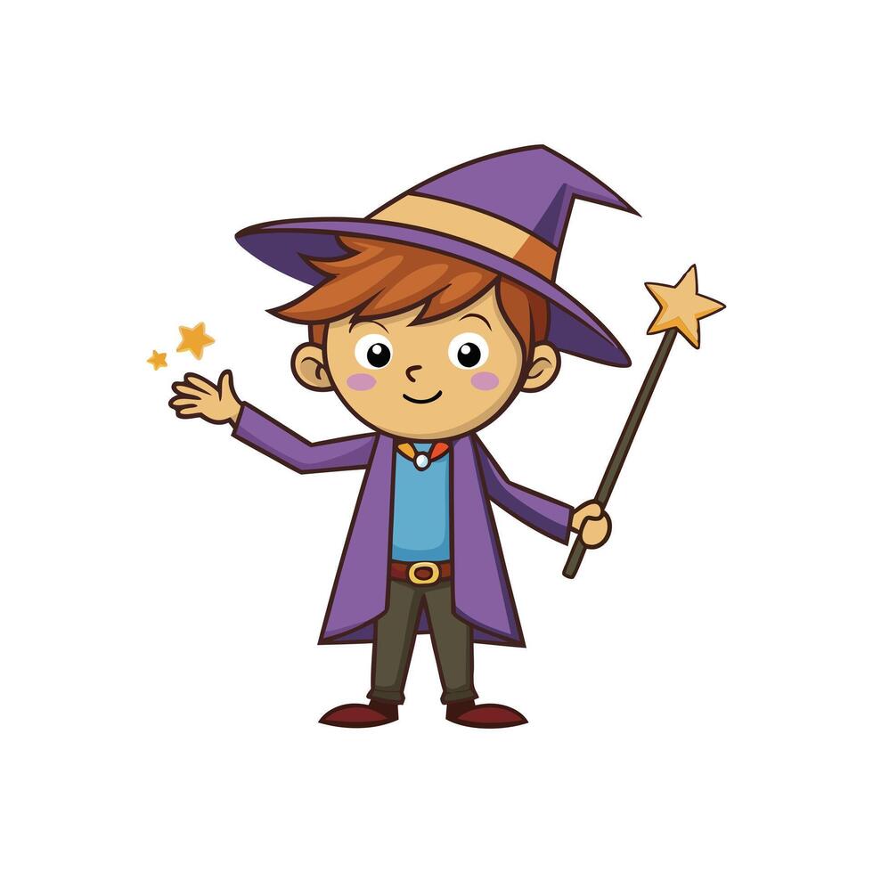 Cartoon wizard boy with a magic wand art vector