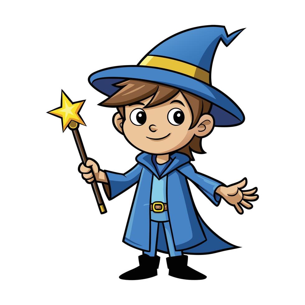 Cartoon wizard boy with a magic wand art vector