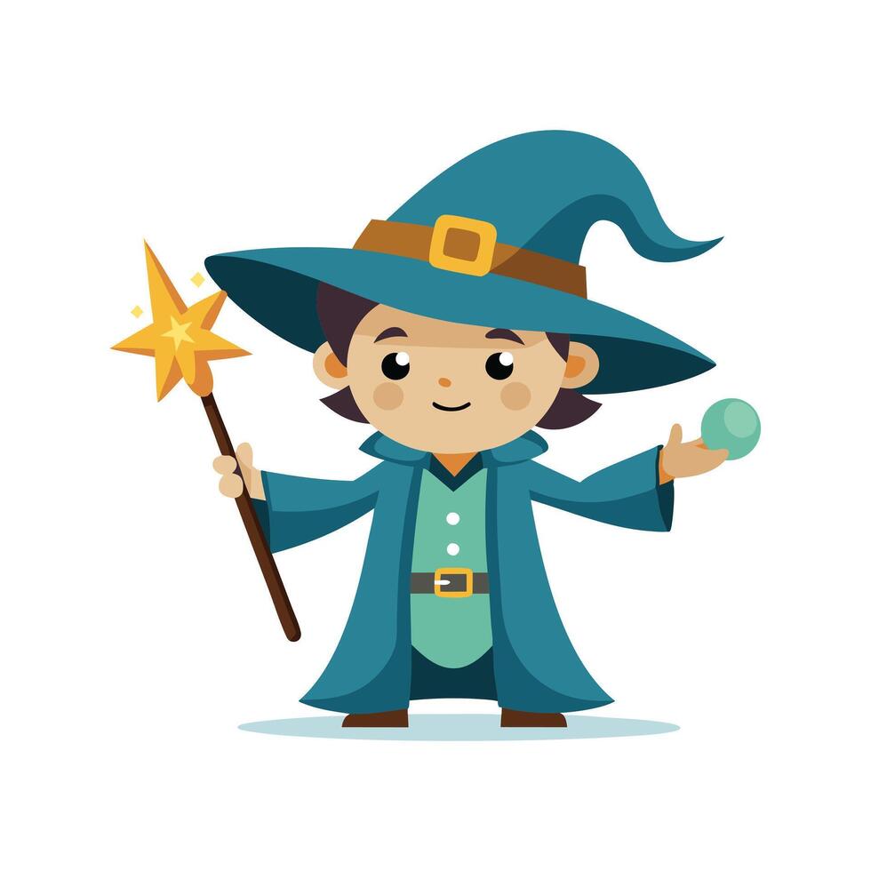 Cartoon wizard boy with a magic wand art vector