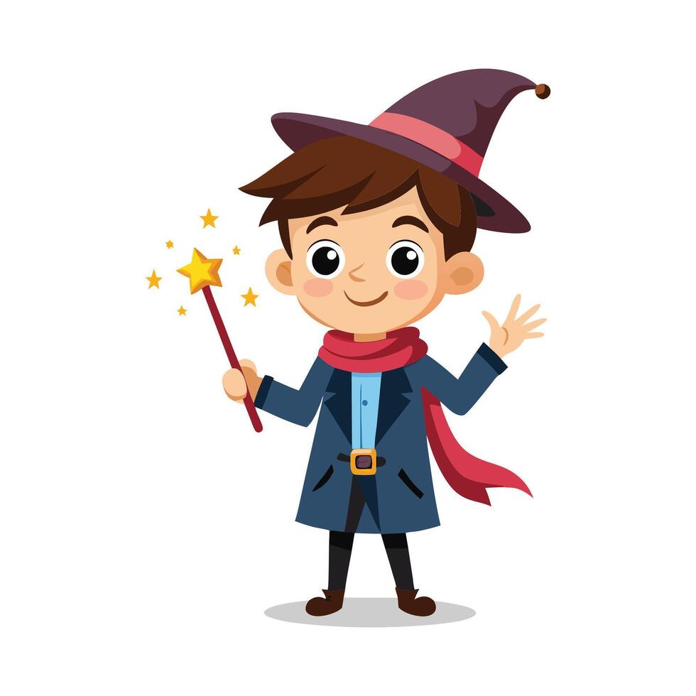 Cartoon wizard boy with a magic wand art vector