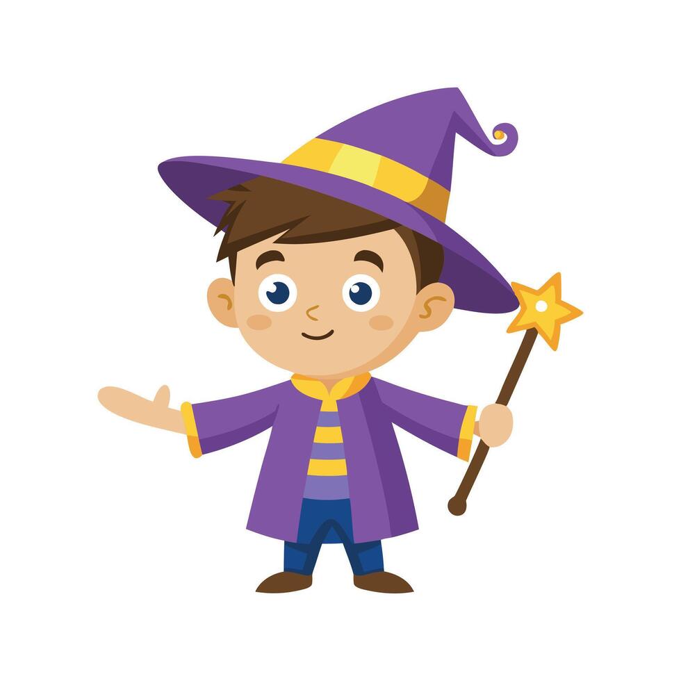 Cartoon wizard boy with a magic wand art vector