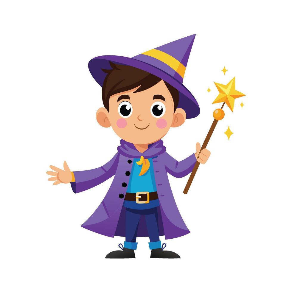 Cartoon wizard boy with a magic wand art vector