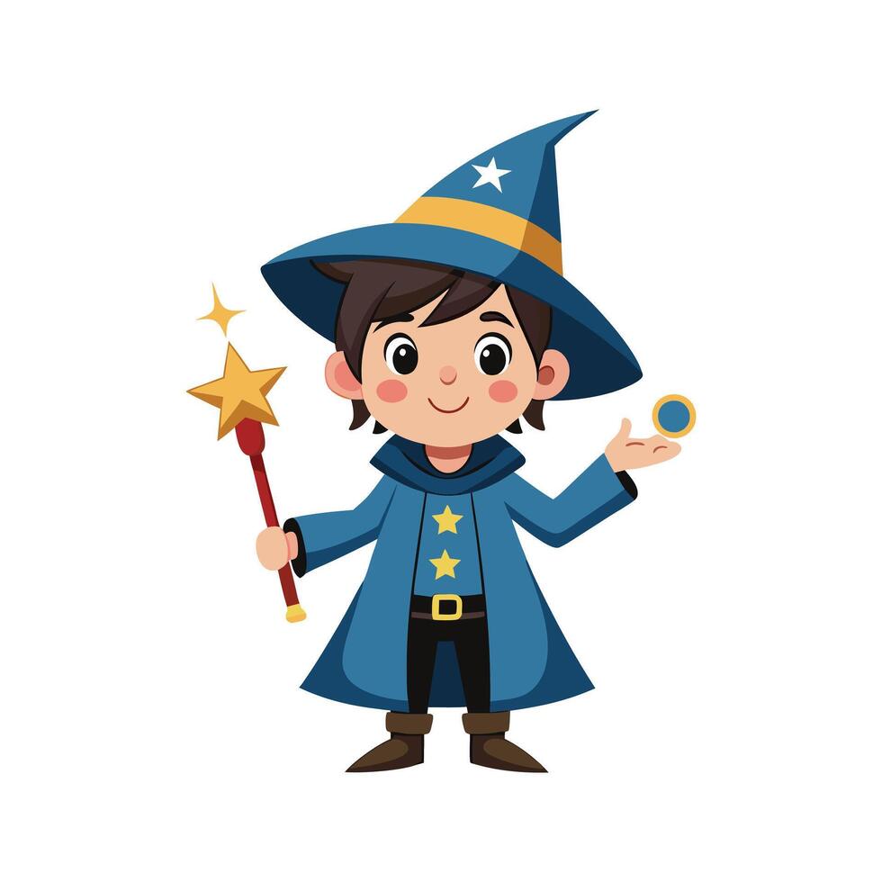 Cartoon wizard boy with a magic wand art vector