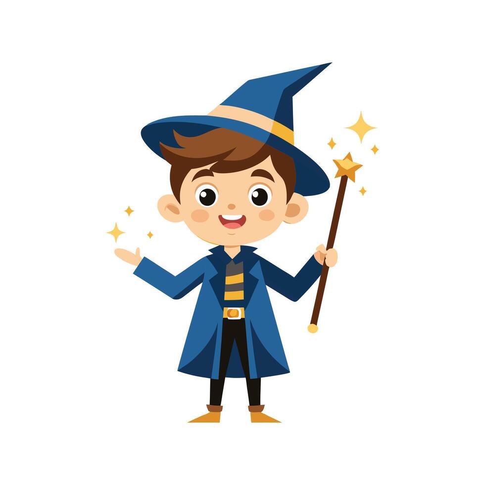 Cartoon wizard boy with a magic wand art vector