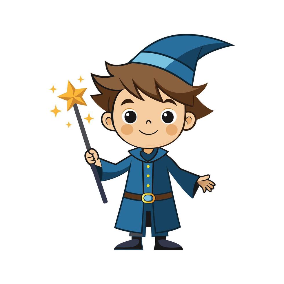 Cartoon wizard boy with a magic wand art vector