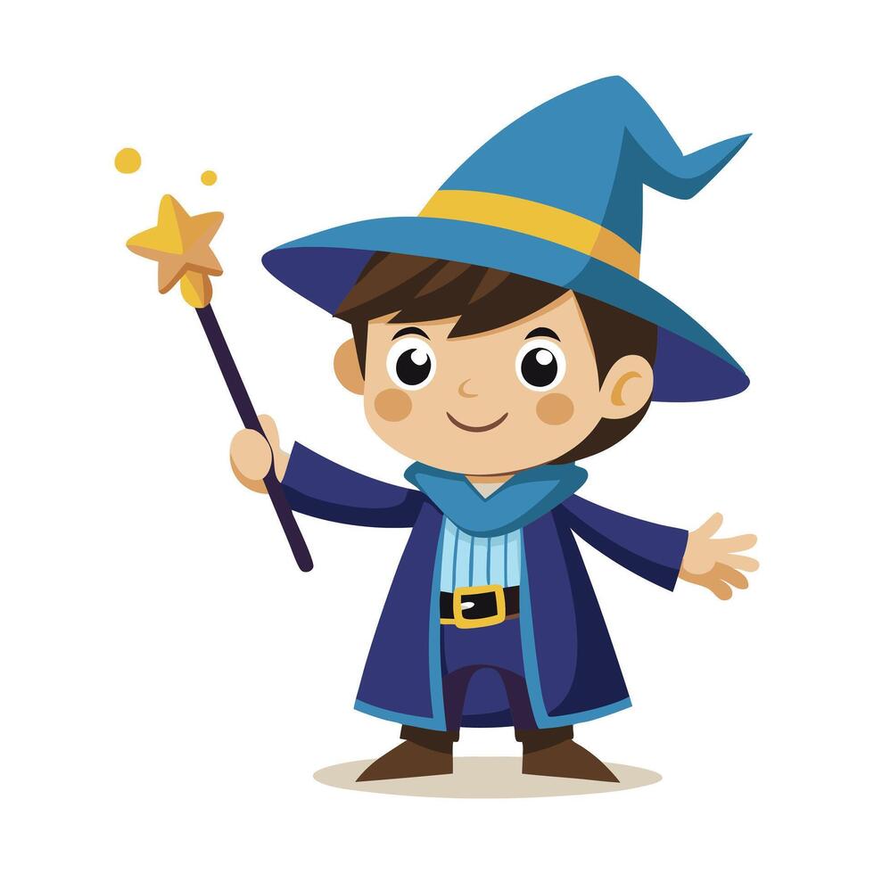 Cartoon wizard boy with a magic wand art vector