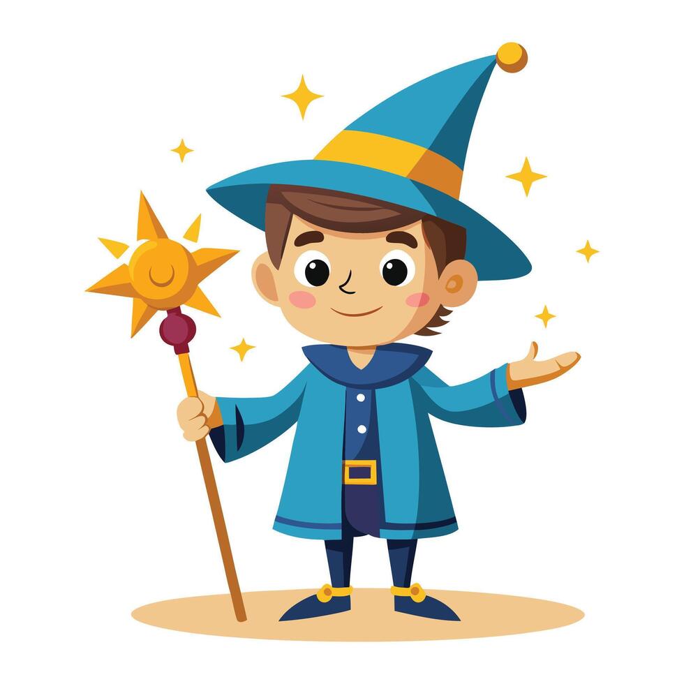 Cartoon wizard boy with a magic wand art vector