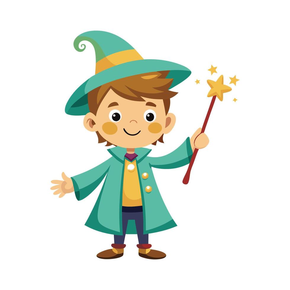 Cartoon wizard boy with a magic wand art vector
