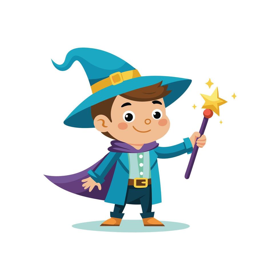 Cartoon wizard boy with a magic wand art vector