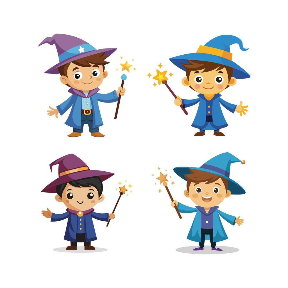 Cartoon wizard boy with a magic wand art vector