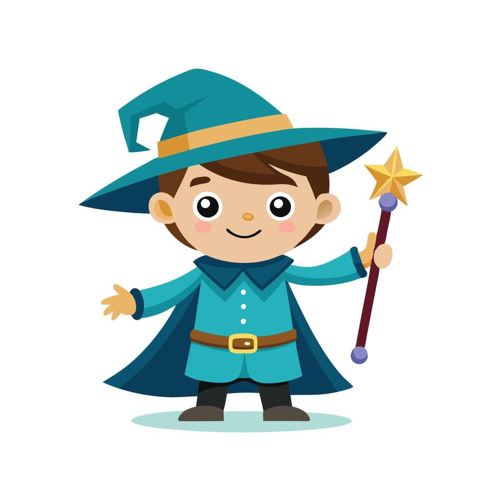 Cartoon wizard boy with a magic wand art vector