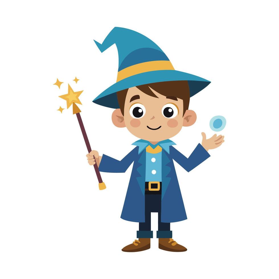 Cartoon wizard boy with a magic wand art vector
