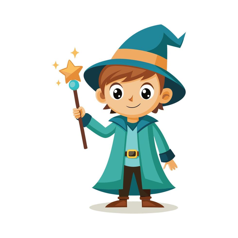 Cartoon wizard boy with a magic wand art vector