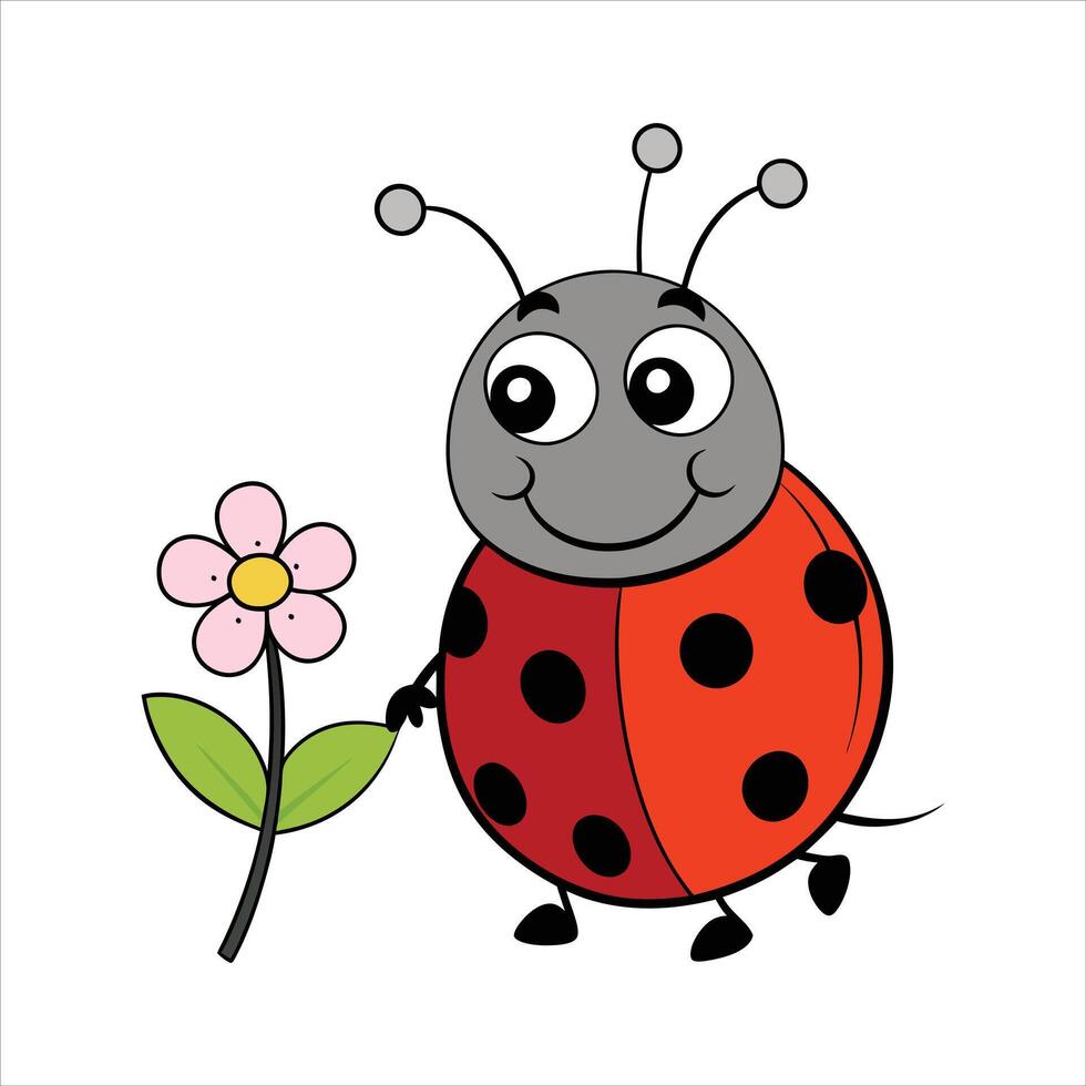 Cartoon cute ladybug holding flower vector