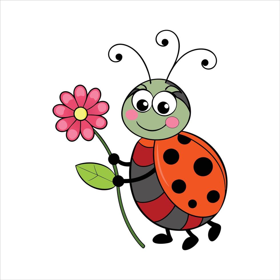 Cartoon cute ladybug holding flower vector