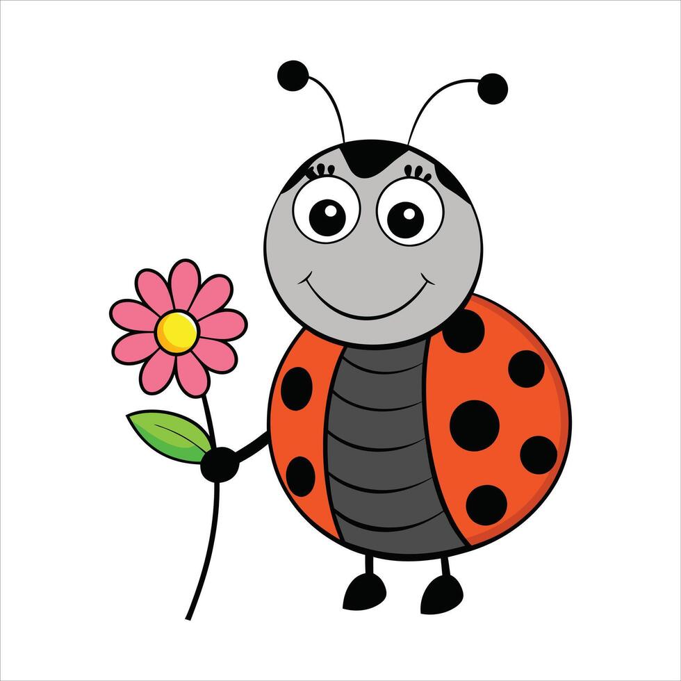 Cartoon cute ladybug holding flower vector