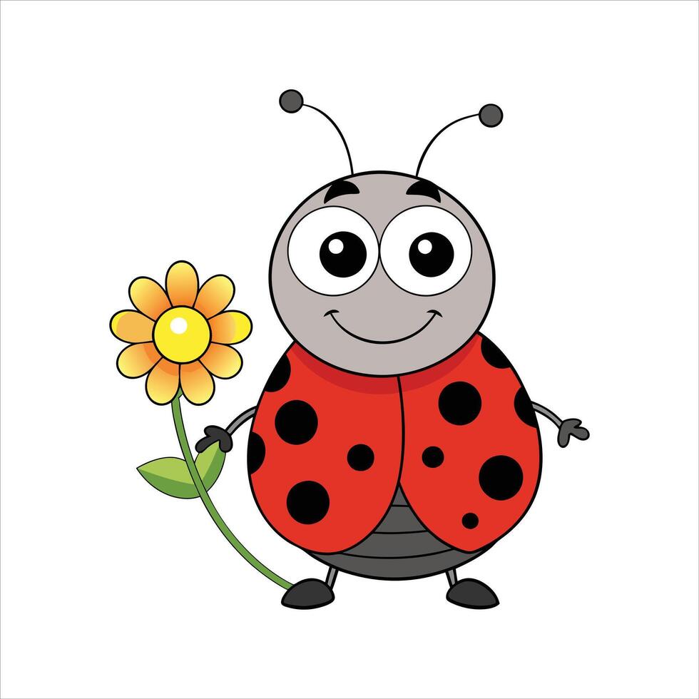 Cartoon cute ladybug holding flower vector