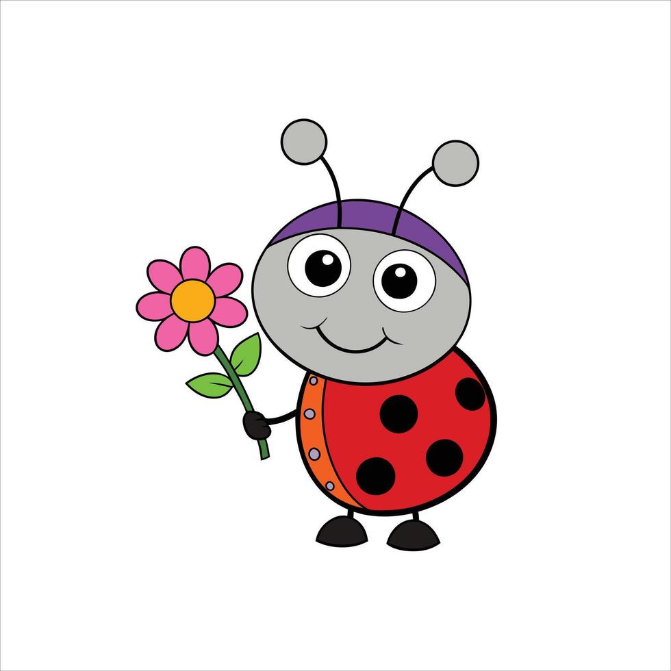Cartoon cute ladybug holding flower vector