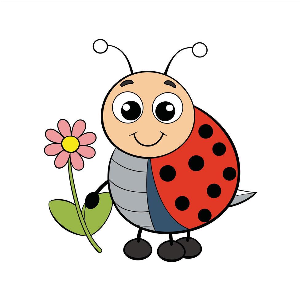 Cartoon cute ladybug holding flower vector