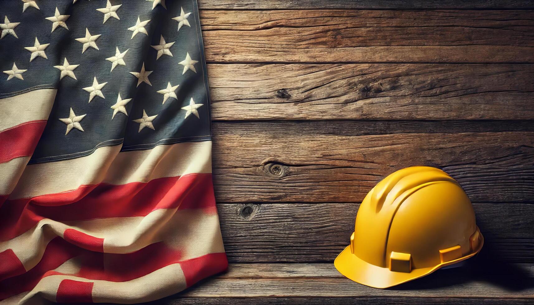 Labor day concept. american flag and yellow work helmet on wooden background with empty space for adding text photo