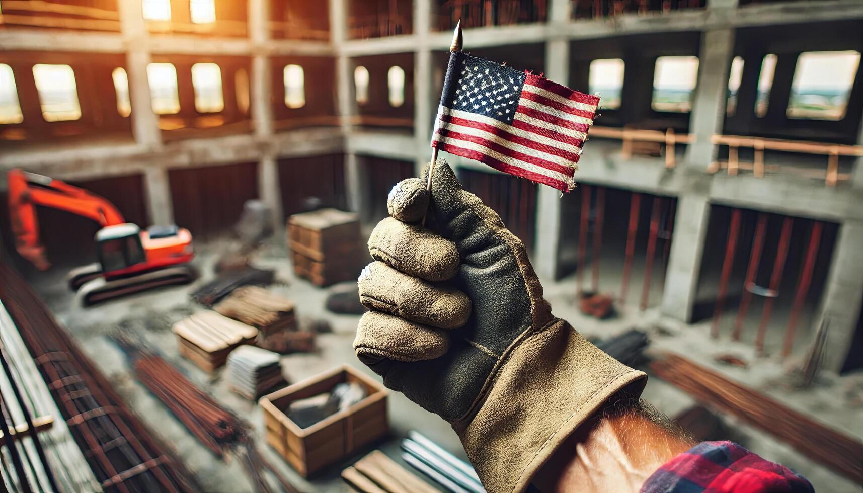 Labor day concept. construction worker's gloved hand holding a small American flag photo