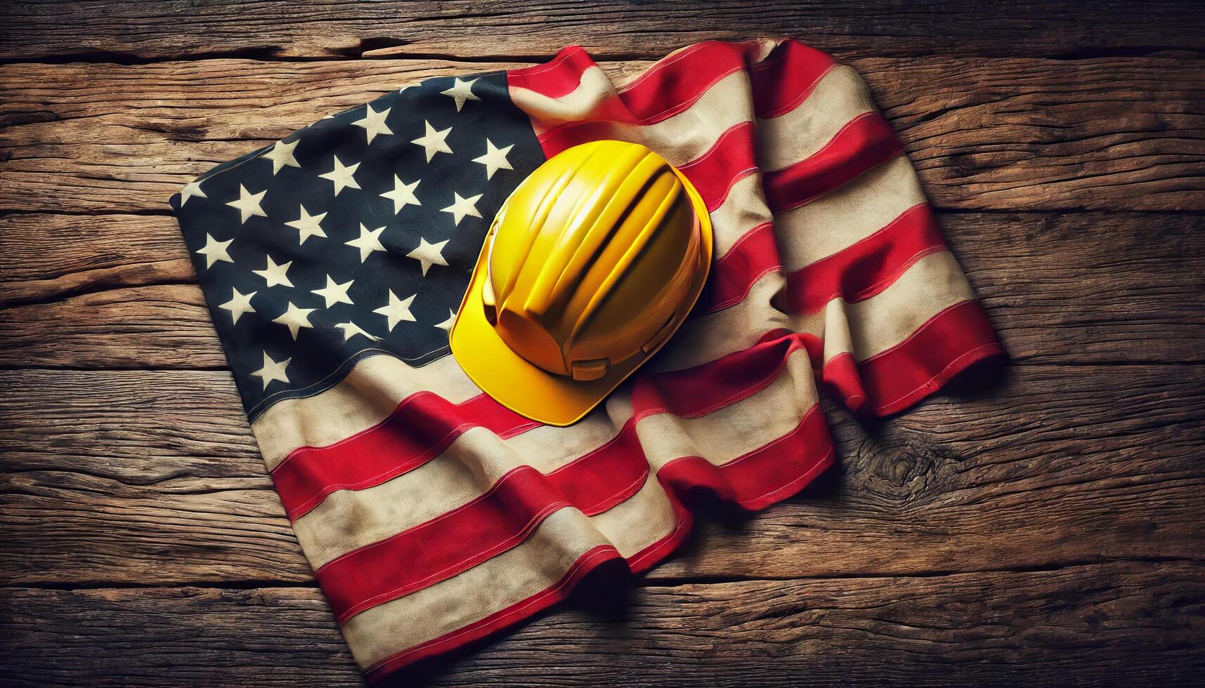 Labor day concept. american flag and yellow work helmet on wooden background with empty space for adding text photo