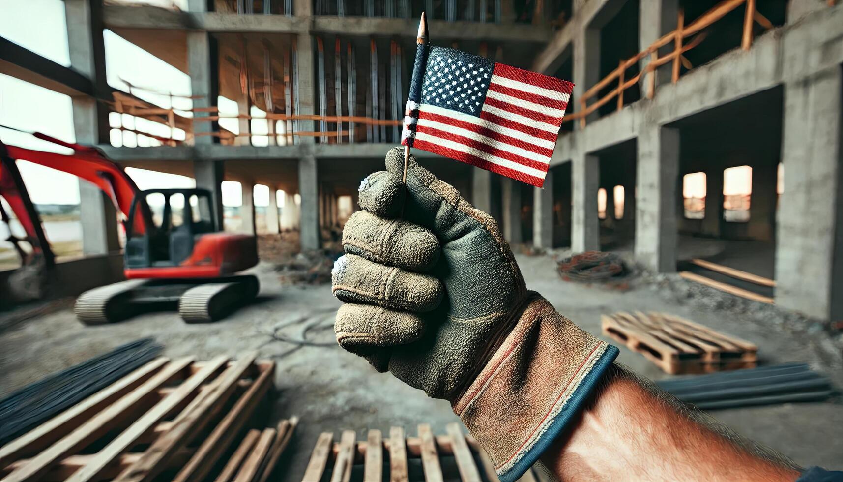 Labor day concept. construction worker's gloved hand holding a small American flag photo