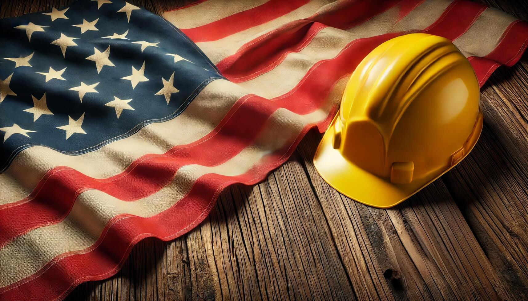 Labor day concept. american flag and yellow work helmet on wooden background with empty space for adding text photo