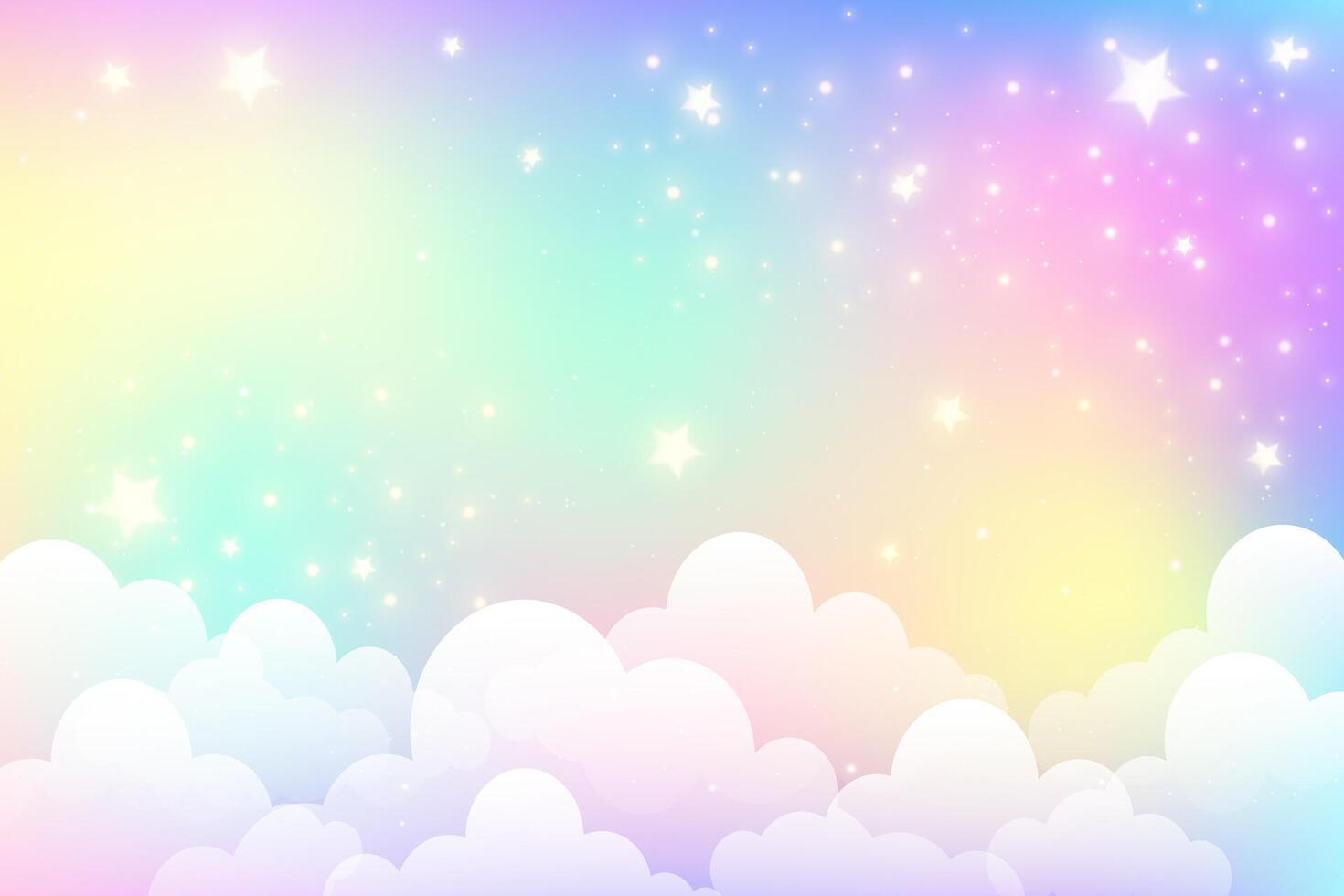 Rainbow unicorn pastel background with glitter stars. Pink cloudy fantasy sky. Cute holographic space. Fairy iridescent gradient backdrop. vector