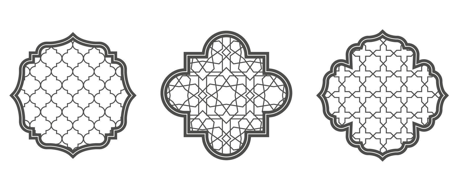 Ramadan window with pattern. Arabic architecture shape in mosque. Arabesque arch frame with ornament. vector