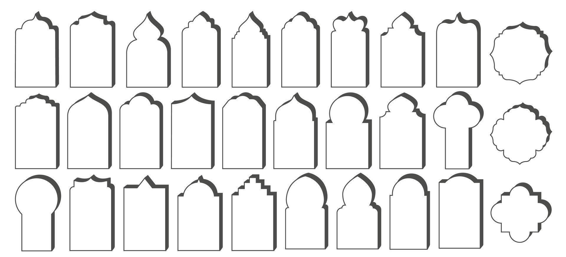Ramadan minimal Y2K frame. Islamic boho arches set. Aesthetic modern elements for post and card isolated on white background. Outline minimalistic decorative templates set vector