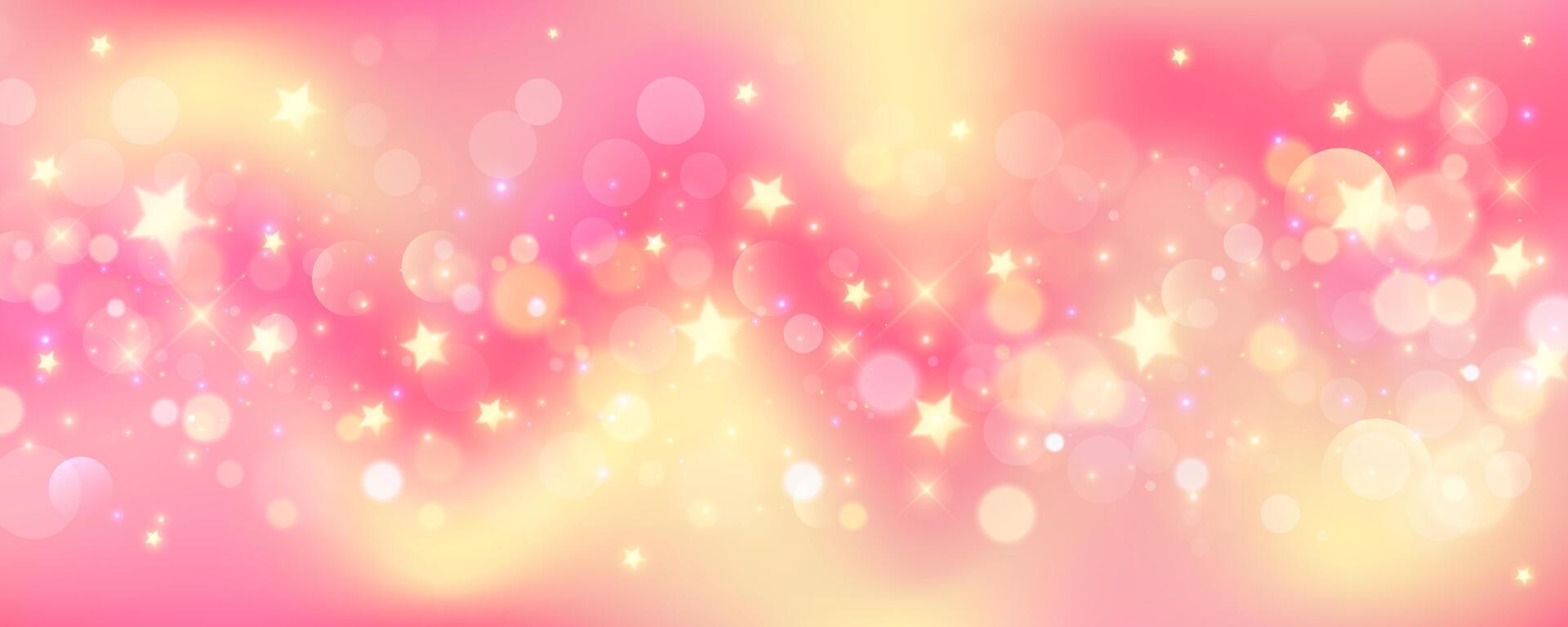 Pink gradient background. Orange and yellow mesh pastel backdrop. Peach warm blurry sky with stars and bokeh. Liquid fluid texture vector