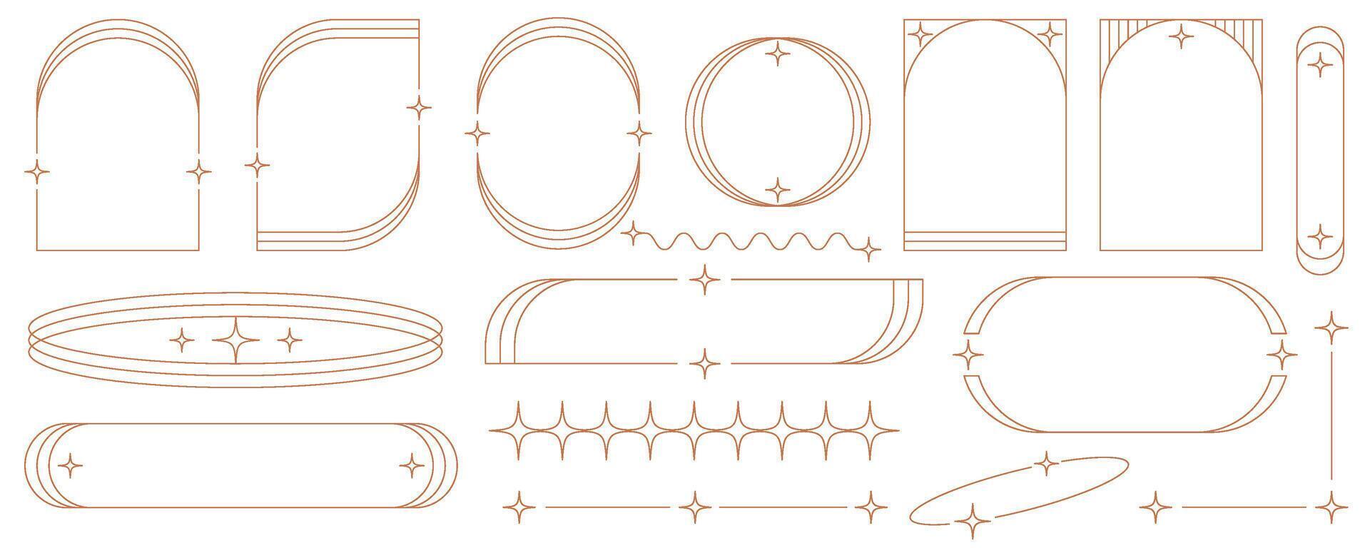 Aesthetic frame shape. Outline minimal graphic elements with stars. Abstract boho arches with sparkles. Trendy geometric templates set for poster and story. vector