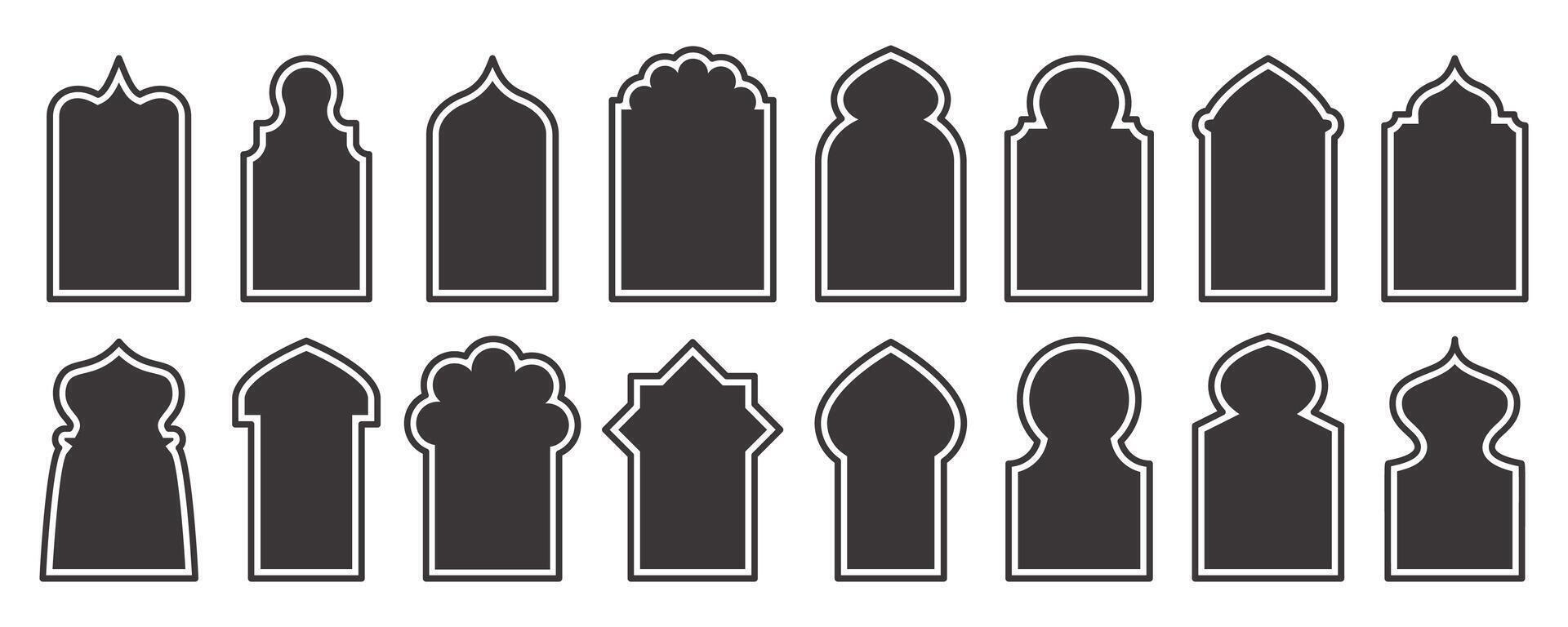Ramadan frame shapes set. Door and windows arch with Islamic design. Muslin oriental gate. Indian vintage arcs with traditional ornament. Architecture elements and stickers vector