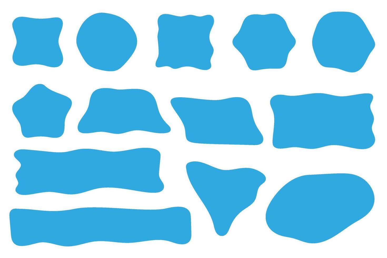 Abstract liquid shapes. Organic flat blobs. Irregular blue fluid bubbles. Random wavy spots and curvy elements. Amoeba rectangle box set. vector