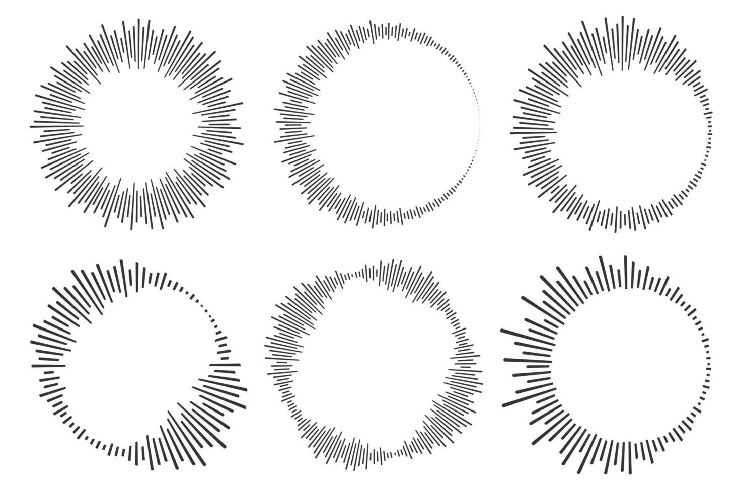 Circle sound wave. Audio music equalizer. Round circular icons set. Spectrum radial pattern and frequency frame. vector