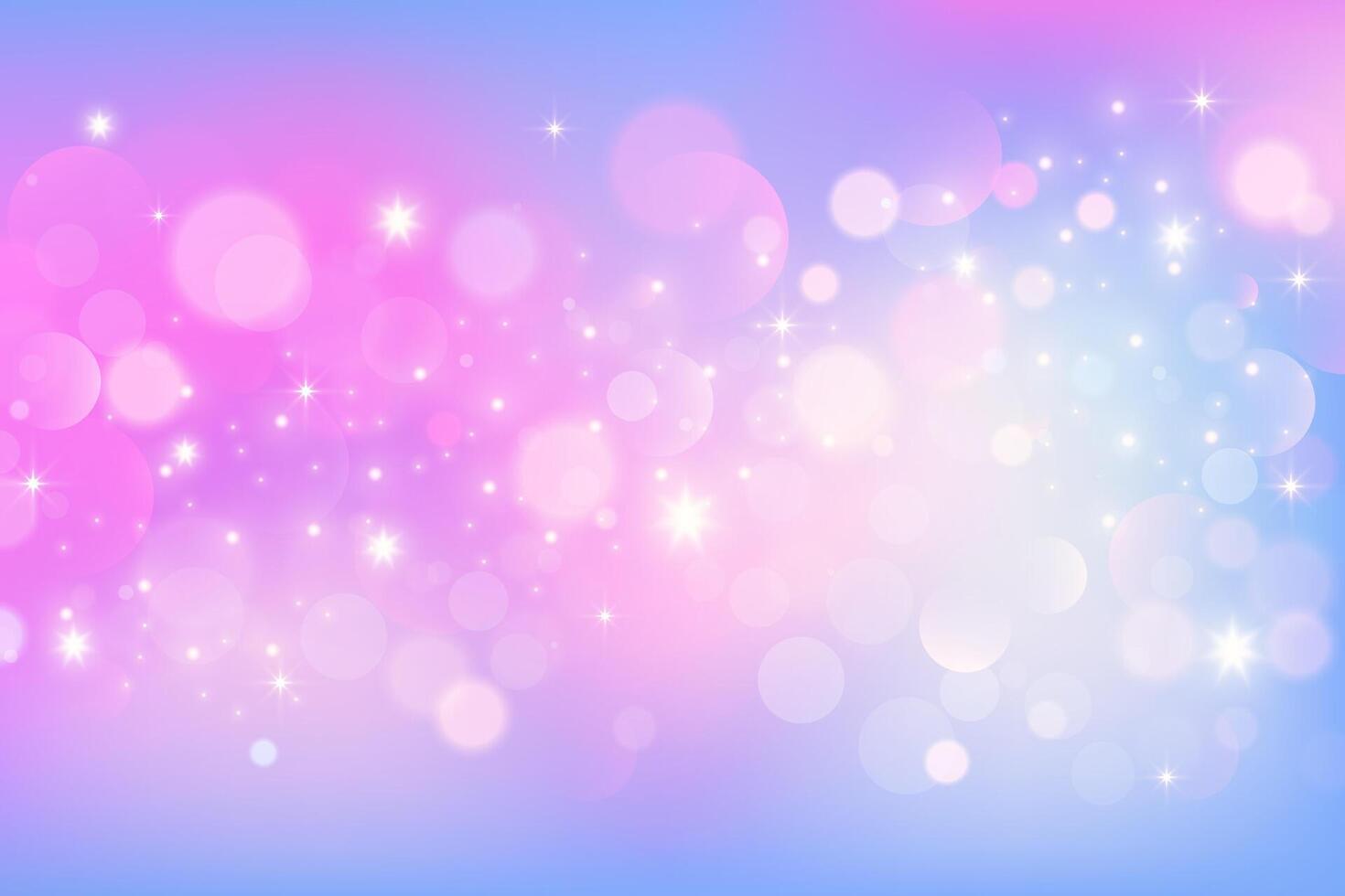 Rainbow unicorn background. Pastel glitter pink fantasy galaxy. Magic mermaid sky with bokeh. Holographic kawaii abstract space with stars and sparkles. vector