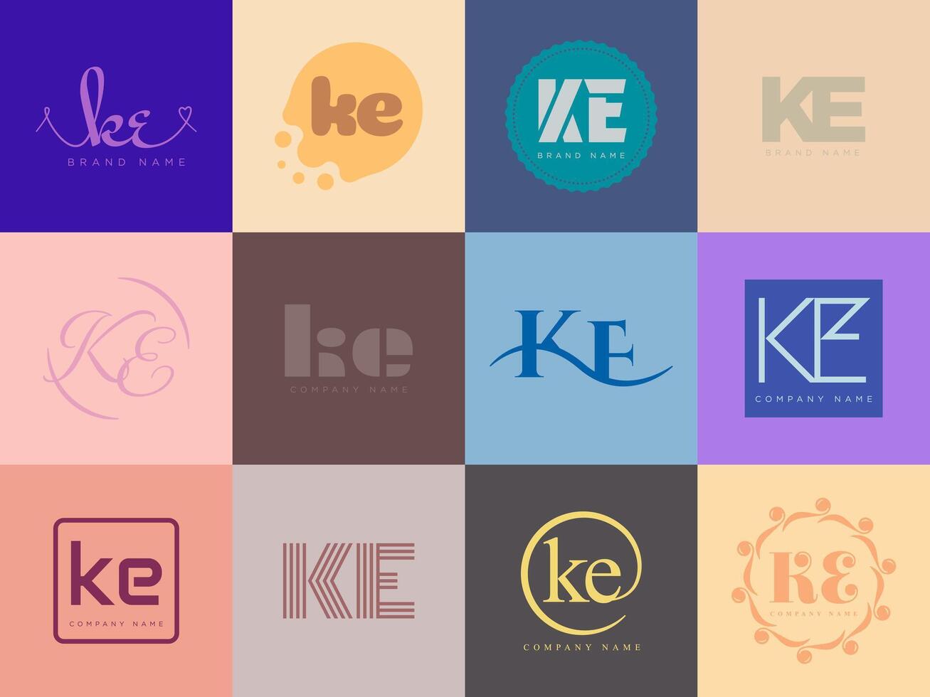KE logo company template. Letter k and e logotype. Set different classic serif lettering and modern bold text with design elements. Initial font typography. vector