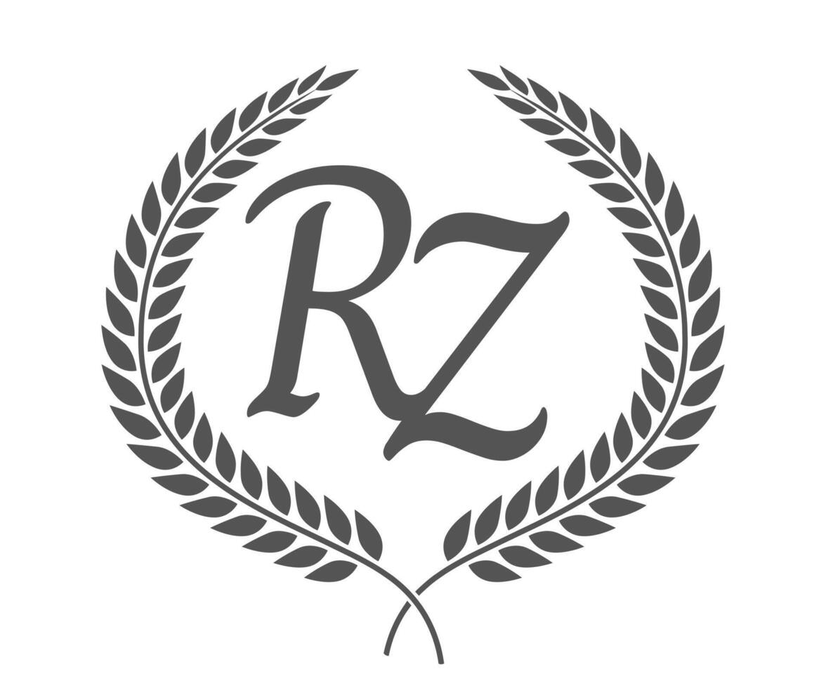 Initial letter R and Z, RZ monogram logo design with laurel wreath. Luxury calligraphy font. vector