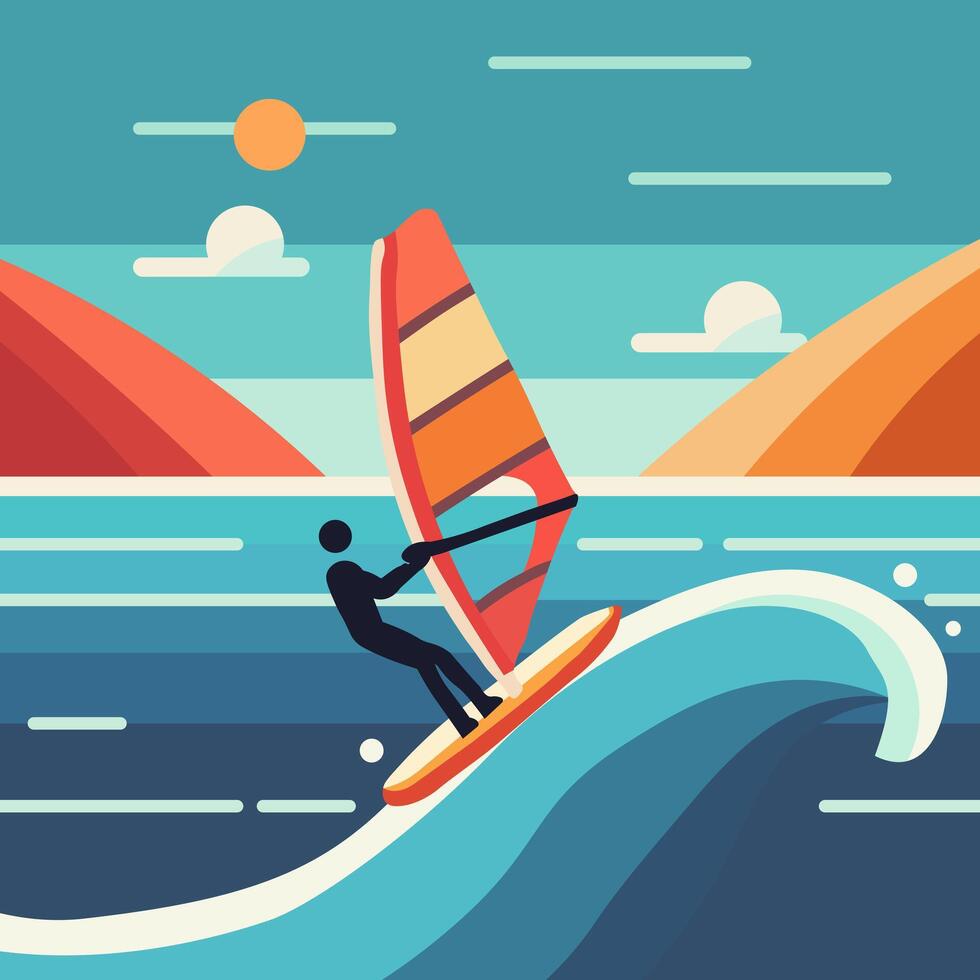 Colorful Windsurfing Illustration in Tropical Setting, Outdoor adventure vector