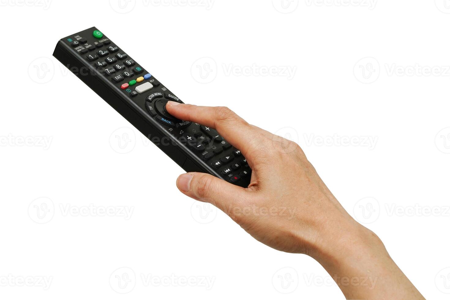 Asian woman use finger of left hand to press button on television remote control isolated on white background with clipping path. photo